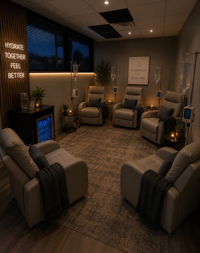 IV lounge with wood accent wall and soft lighting